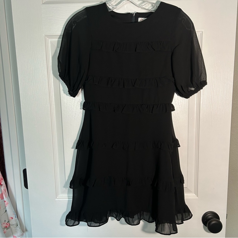 GB Girls Size 10 Classic Black Short-Sleeved Ruffled Sheer Lined Dress